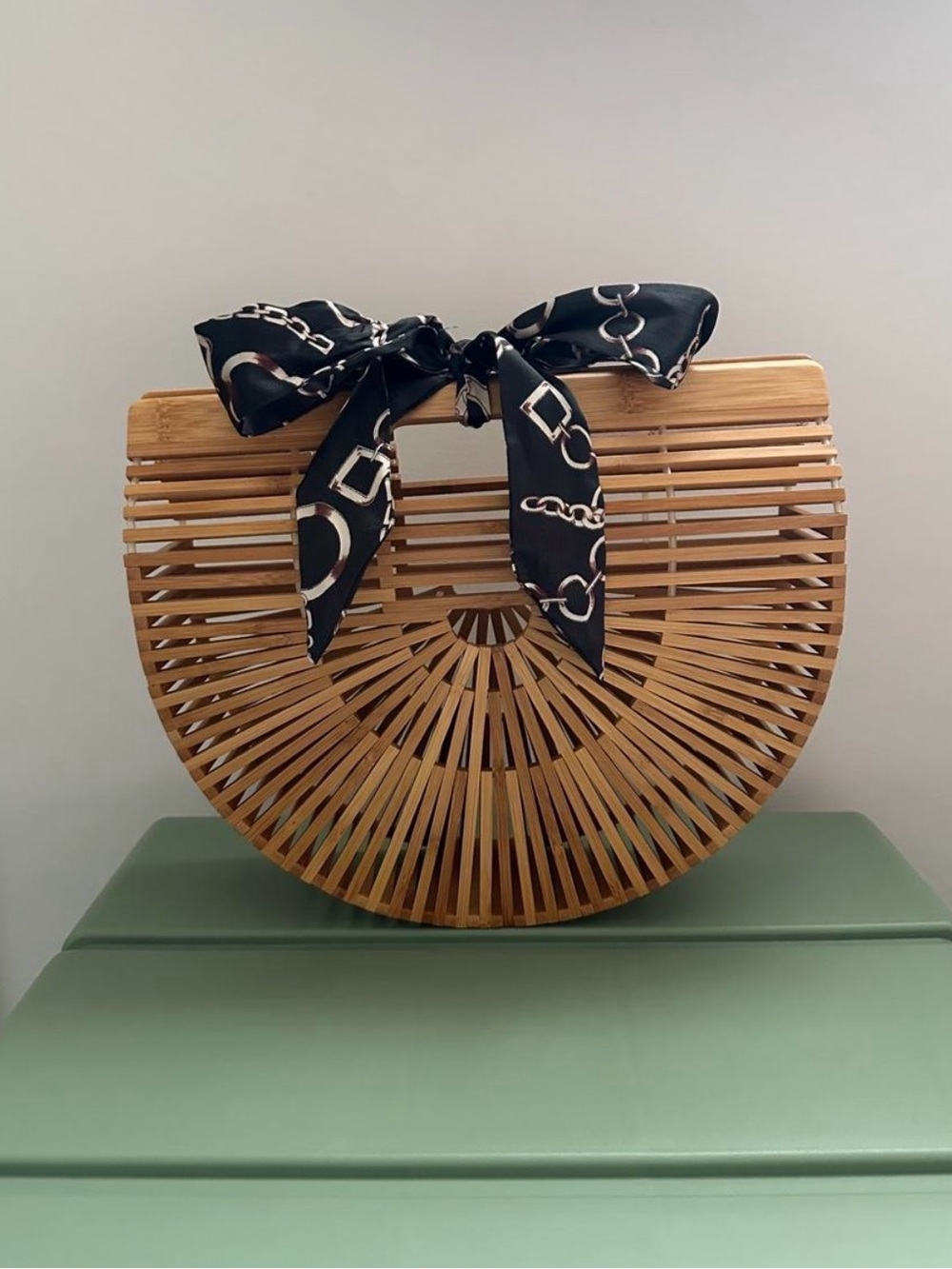 Bamboo Semi-Circle Handbag with Black Chain-Print Scarf